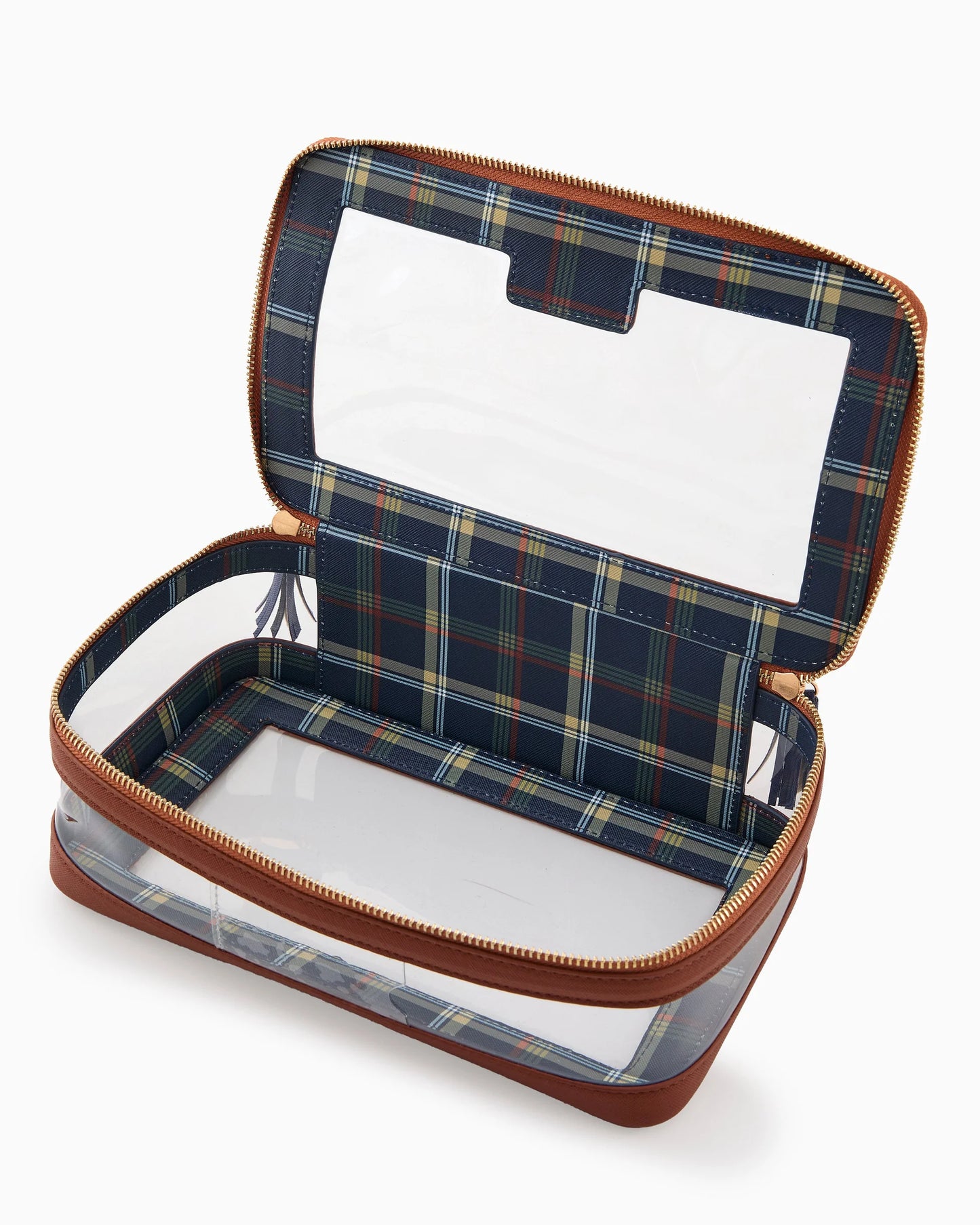 Oh My Mahjong stacking tile storage bag in cognac brown with plaid interior that coordinates with Astor Mat, with blue tasseled zipper, open