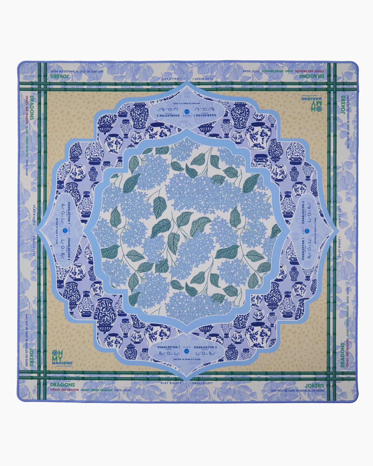Oh My Mahjong instructional Mahjong Mat with French blue hydrangeas, chinoiserie ginger jars and ginkgo leave pattern and antelope animal patter in tan with bamboo border