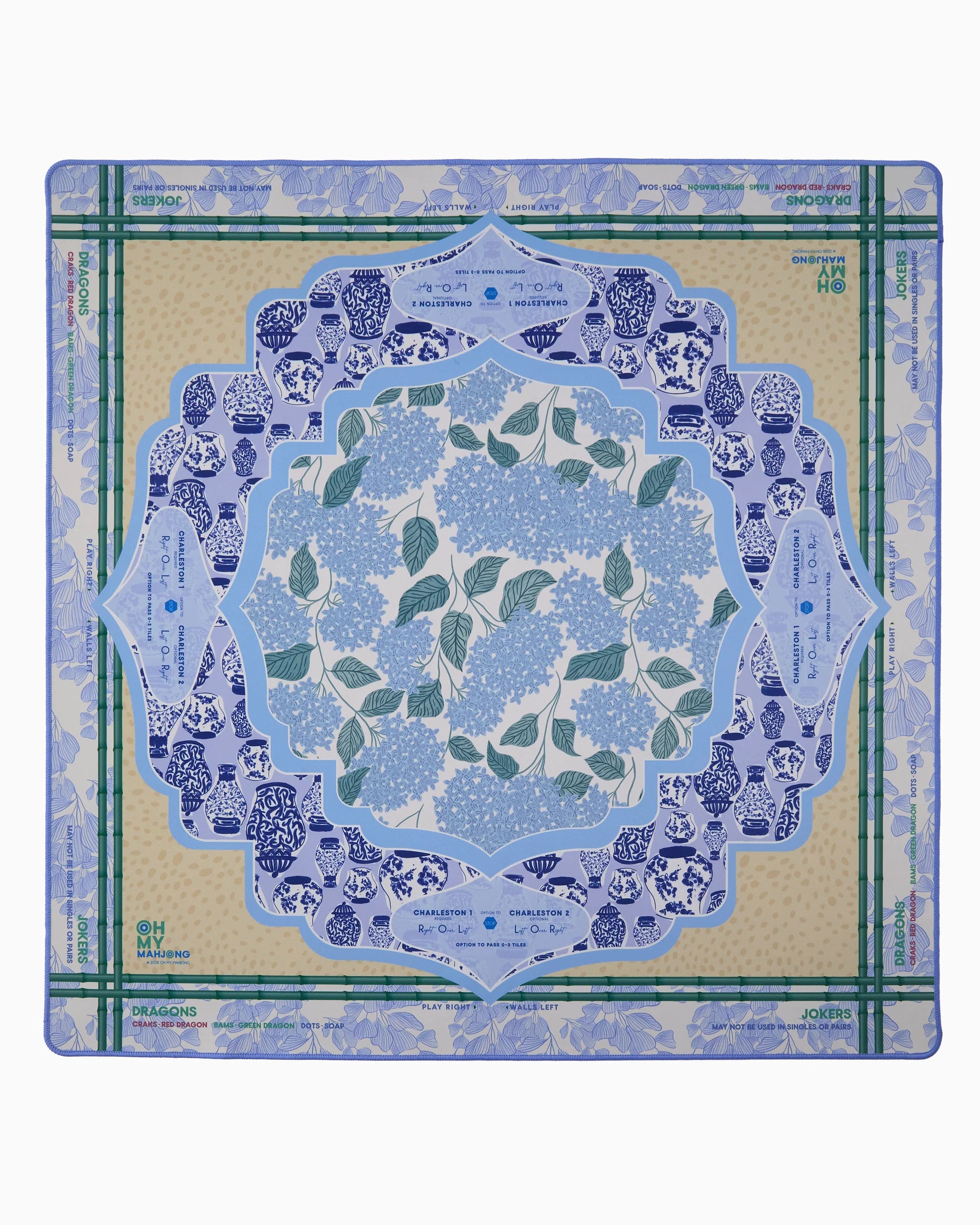 Oh My Mahjong instructional Mahjong Mat with French blue hydrangeas, chinoiserie ginger jars and ginkgo leave pattern and antelope animal patter in tan with bamboo border