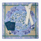 Oh My Mahjong instructional Mahjong Mat with French blue hydrangeas, chinoiserie ginger jars and ginkgo leave pattern and antelope animal patter in tan with bamboo border with white mahjong rack, navy shufflers and Gatsby tiles