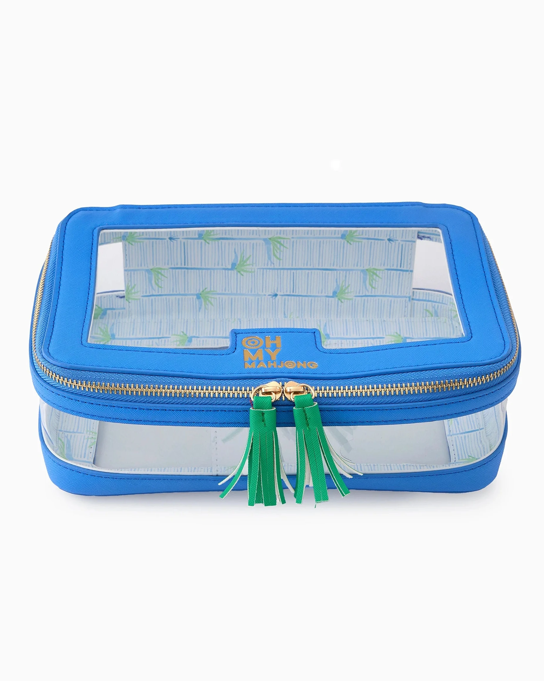 Oh My Mahjong stacking tile storage bag in blue with palm pattern interior with tasseled zipper, closed 