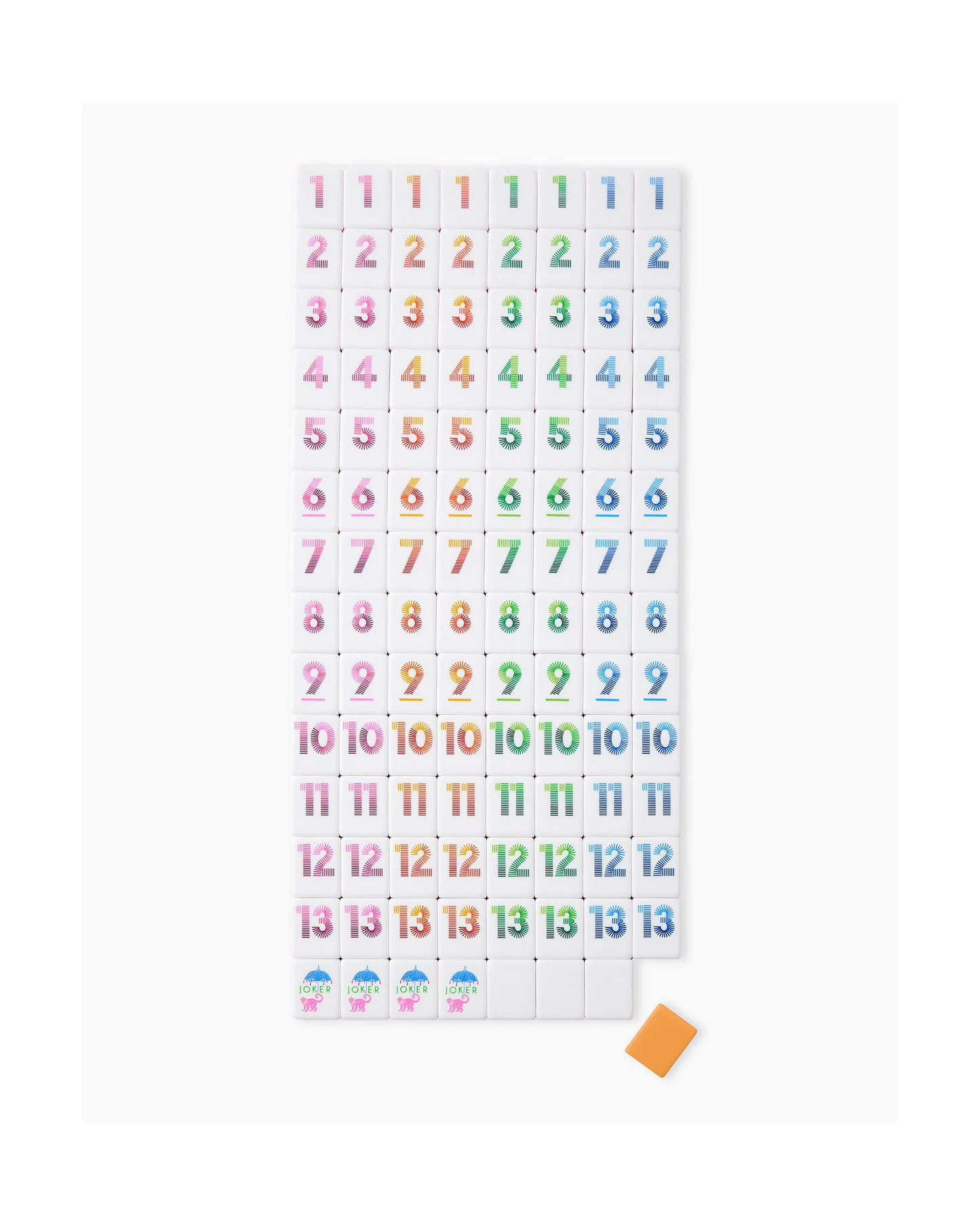 Oh My Mahjong Orange Rummi tile set view of all tiles with monkey joker