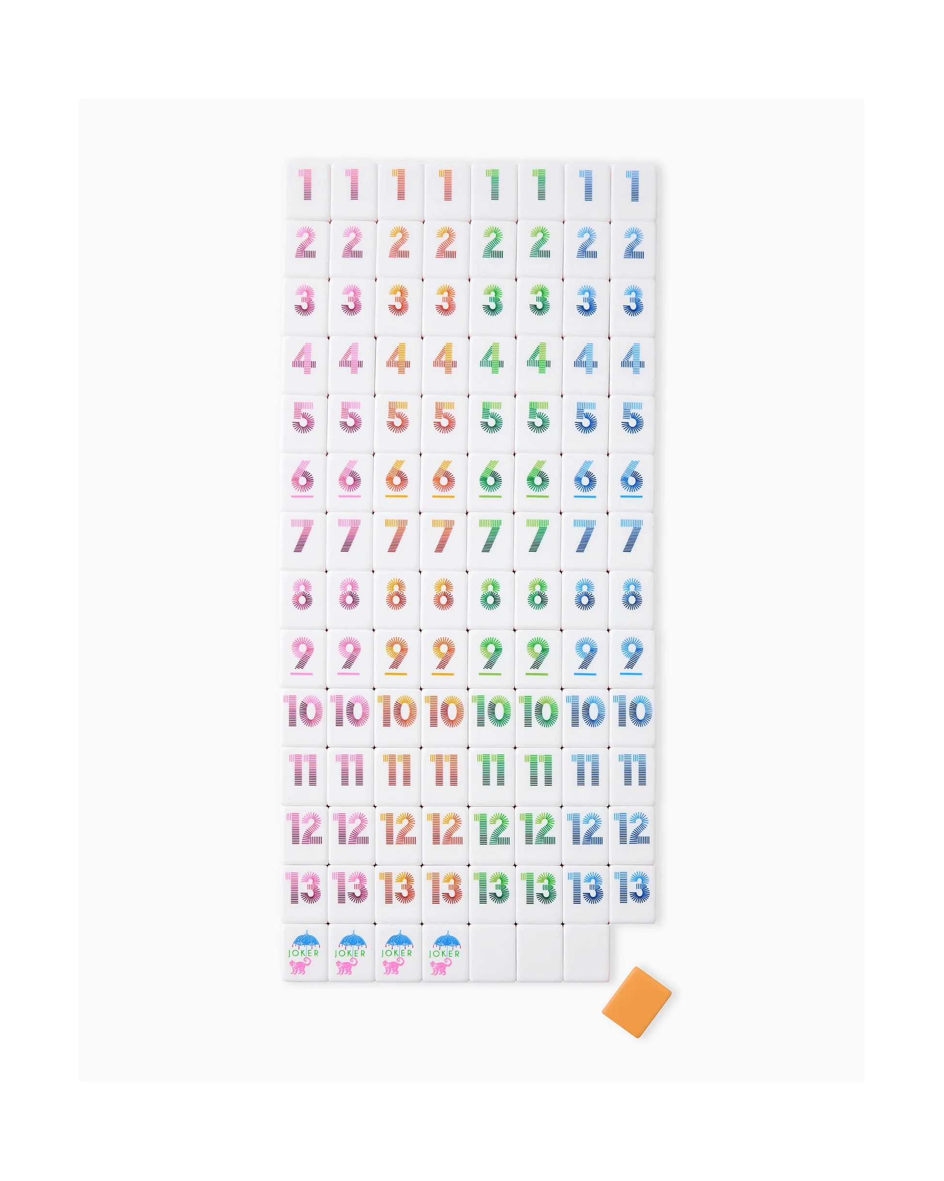 Oh My Mahjong Orange Rummi tile set view of all tiles with monkey joker