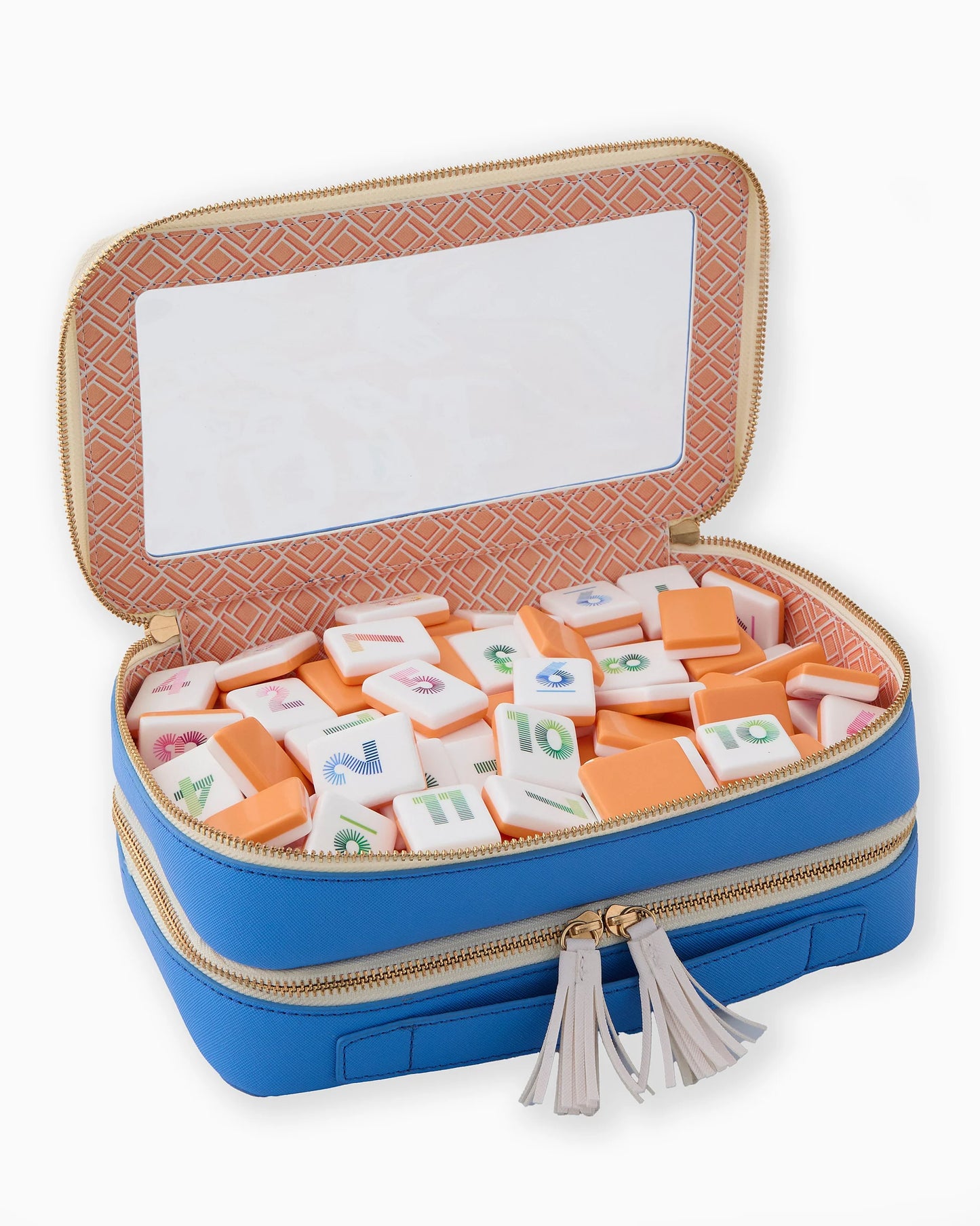 Oh My Mahjong Orange Rummi tile set in storage bag with tasseled zipper