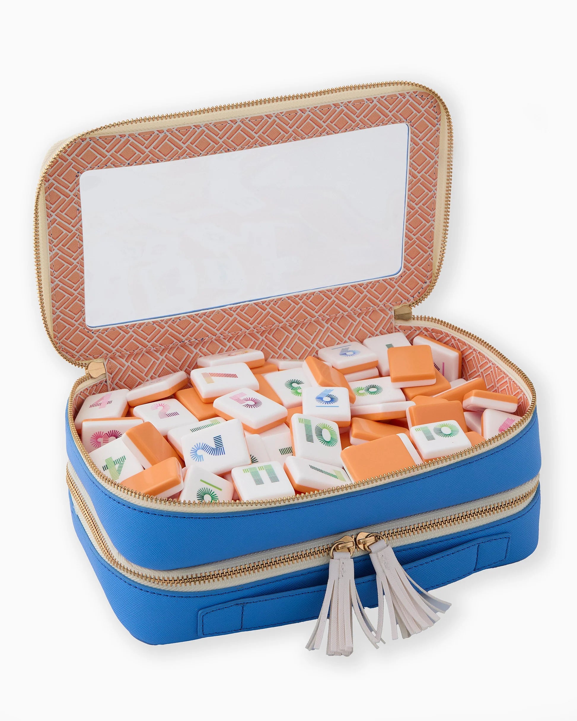 Oh My Mahjong Orange Rummi tile set in storage bag with tasseled zipper