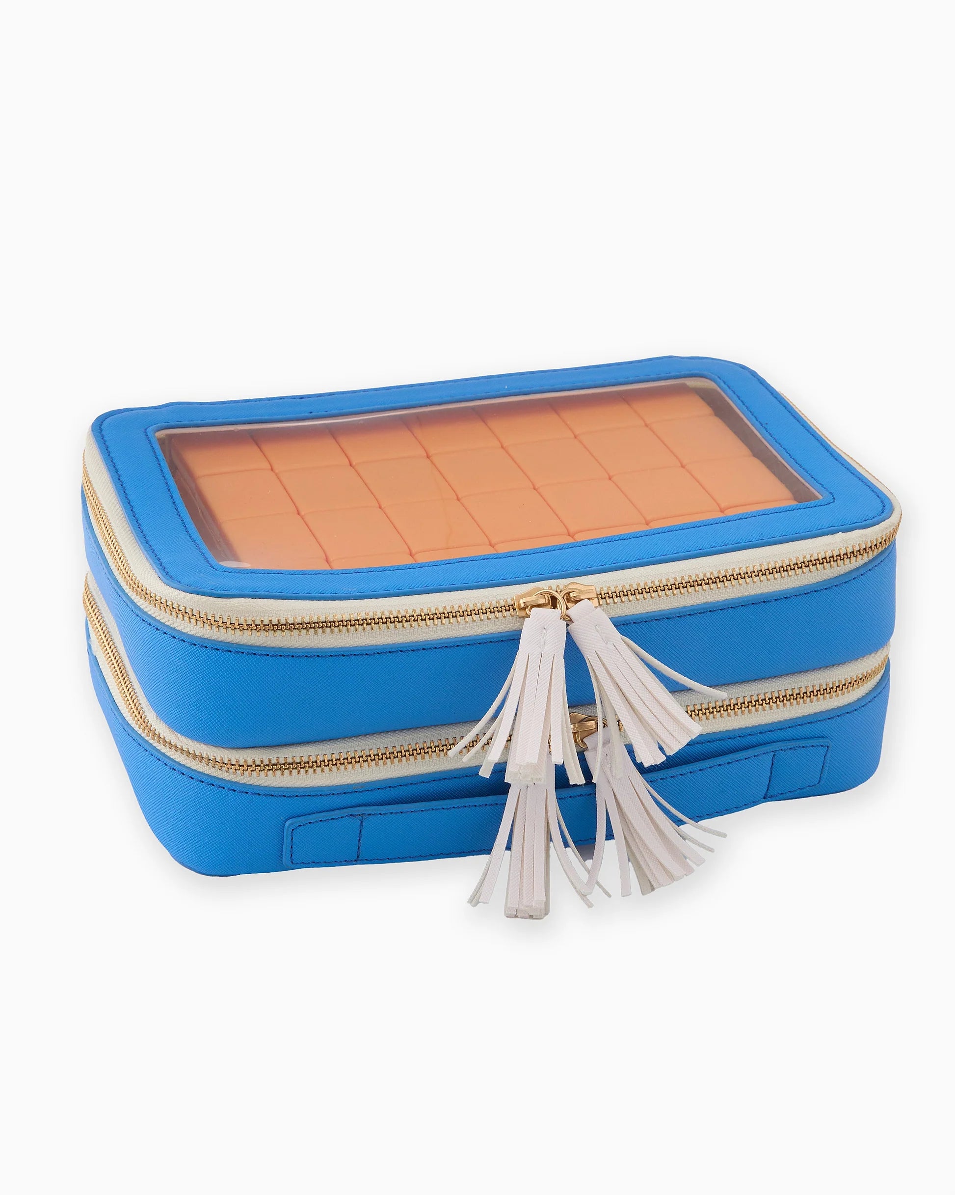 Oh My Mahjong Orange Rummi tile set in storage bag with tasseled zipper