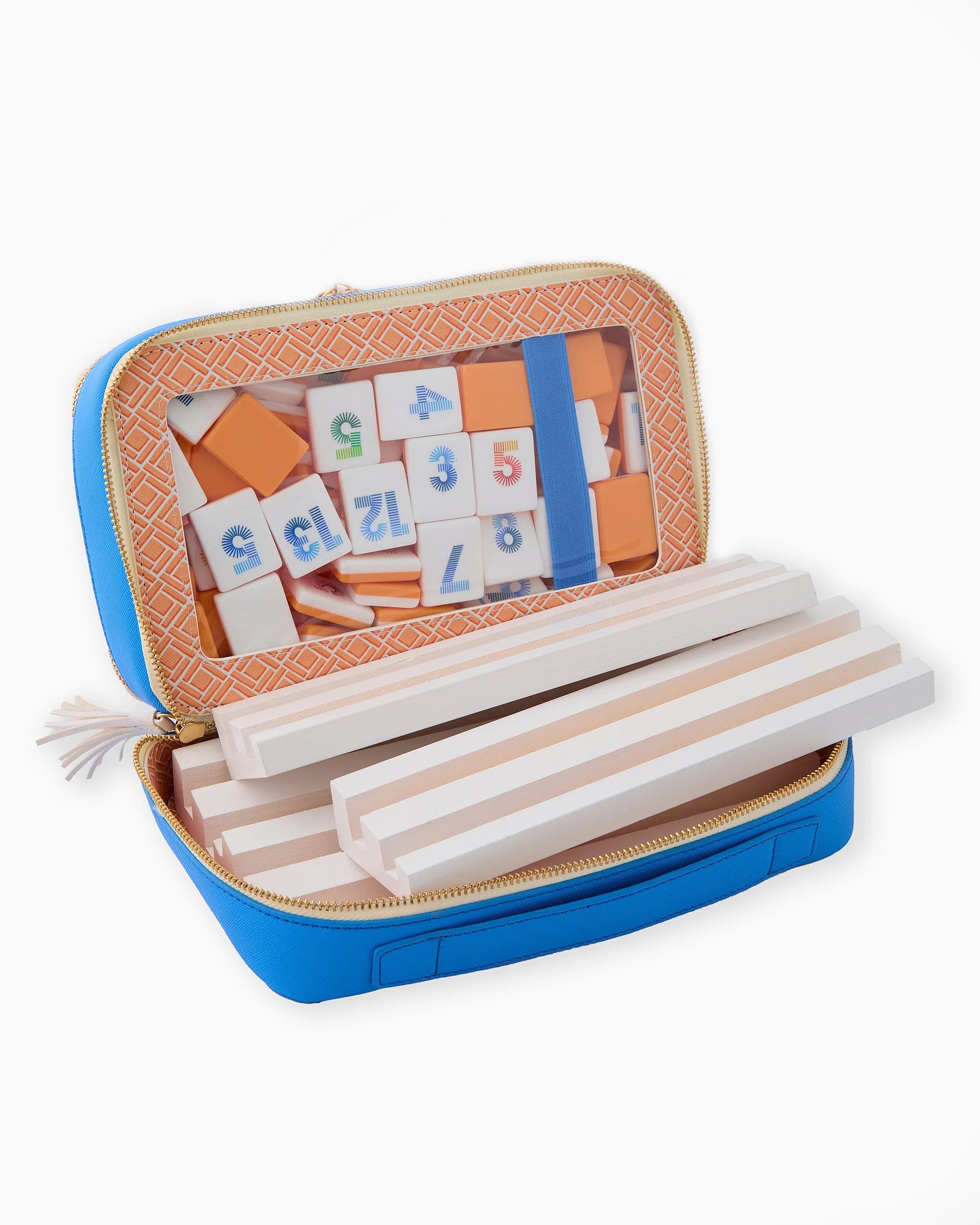 Oh My Mahjong Orange Rummi tile set with white wooden racks in storage bag with tasseled zipper