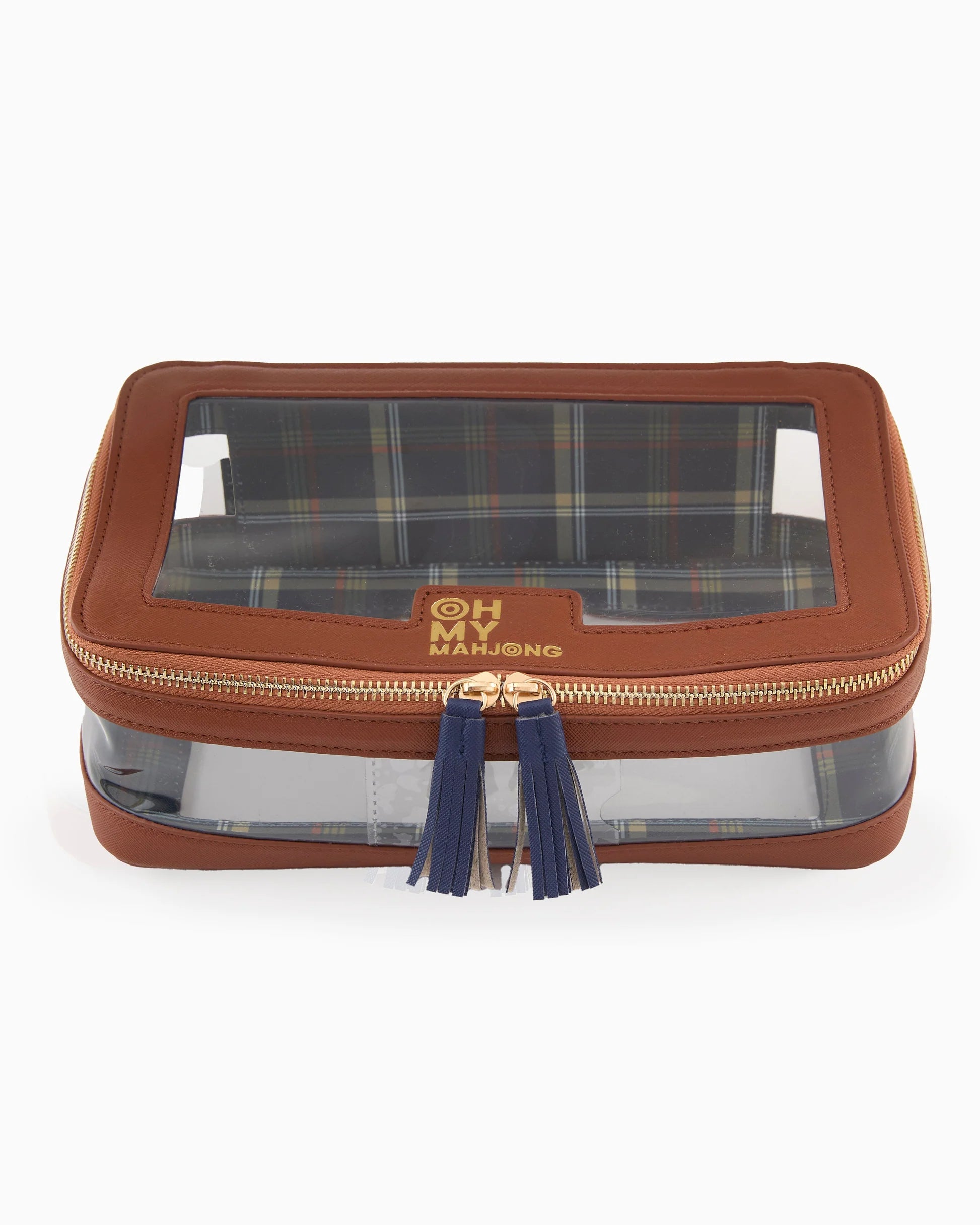 Oh My Mahjong stacking tile storage bag in cognac brown with plaid interior that coordinates with Astor Mat, with blue tasseled zipper.