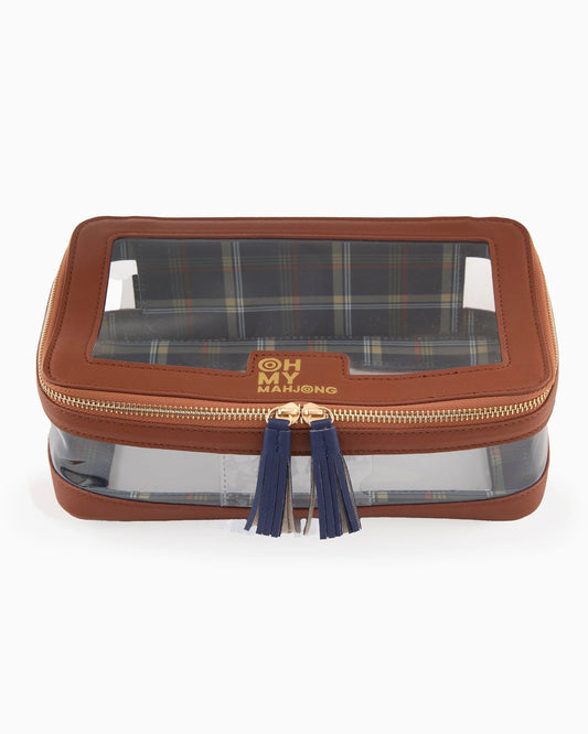 Oh My Mahjong stacking tile storage bag in cognac brown with plaid interior that coordinates with Astor Mat, with blue tasseled zipper.