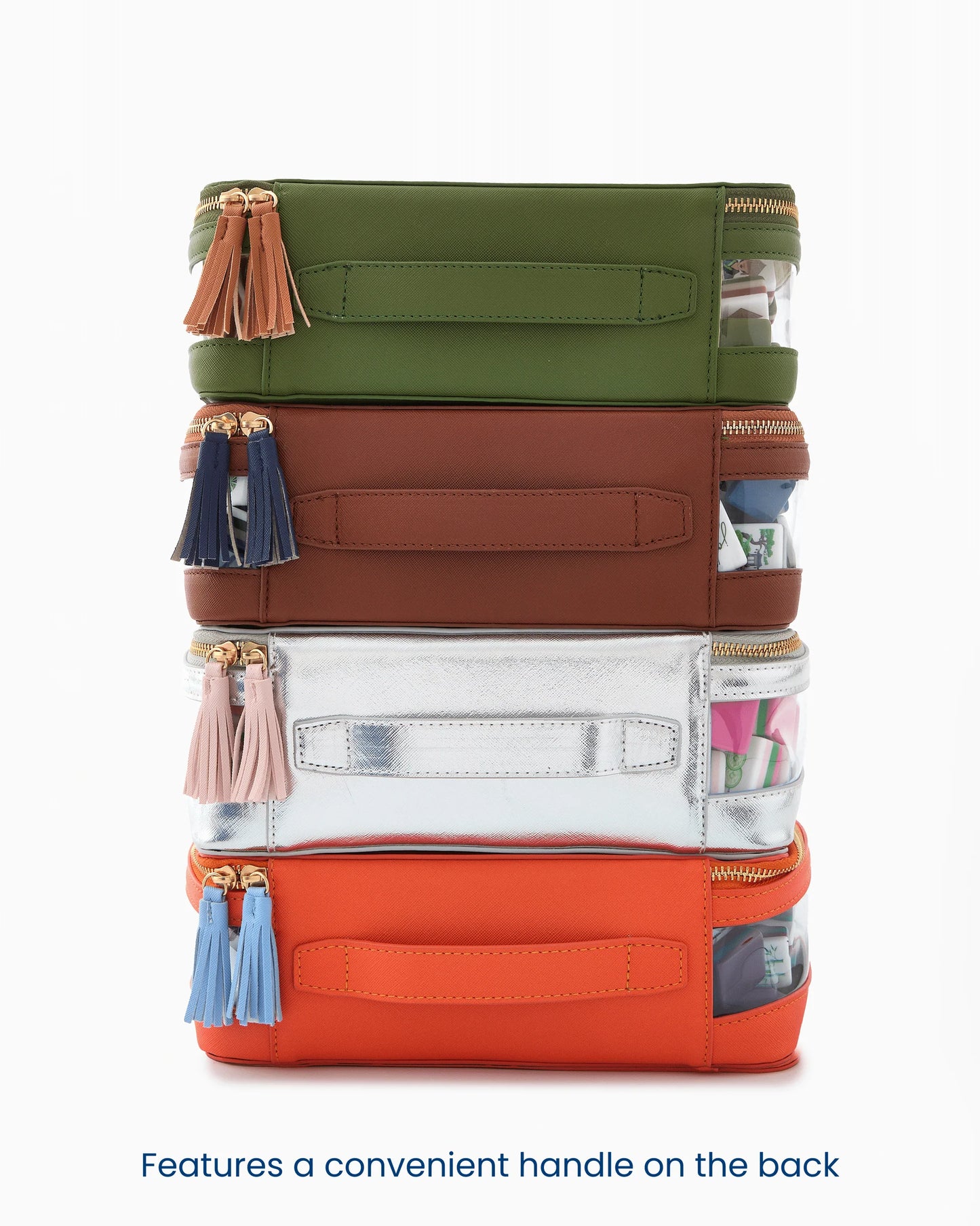 Oh My Mahjong stacking tile storage bags  with tasseled zipper.