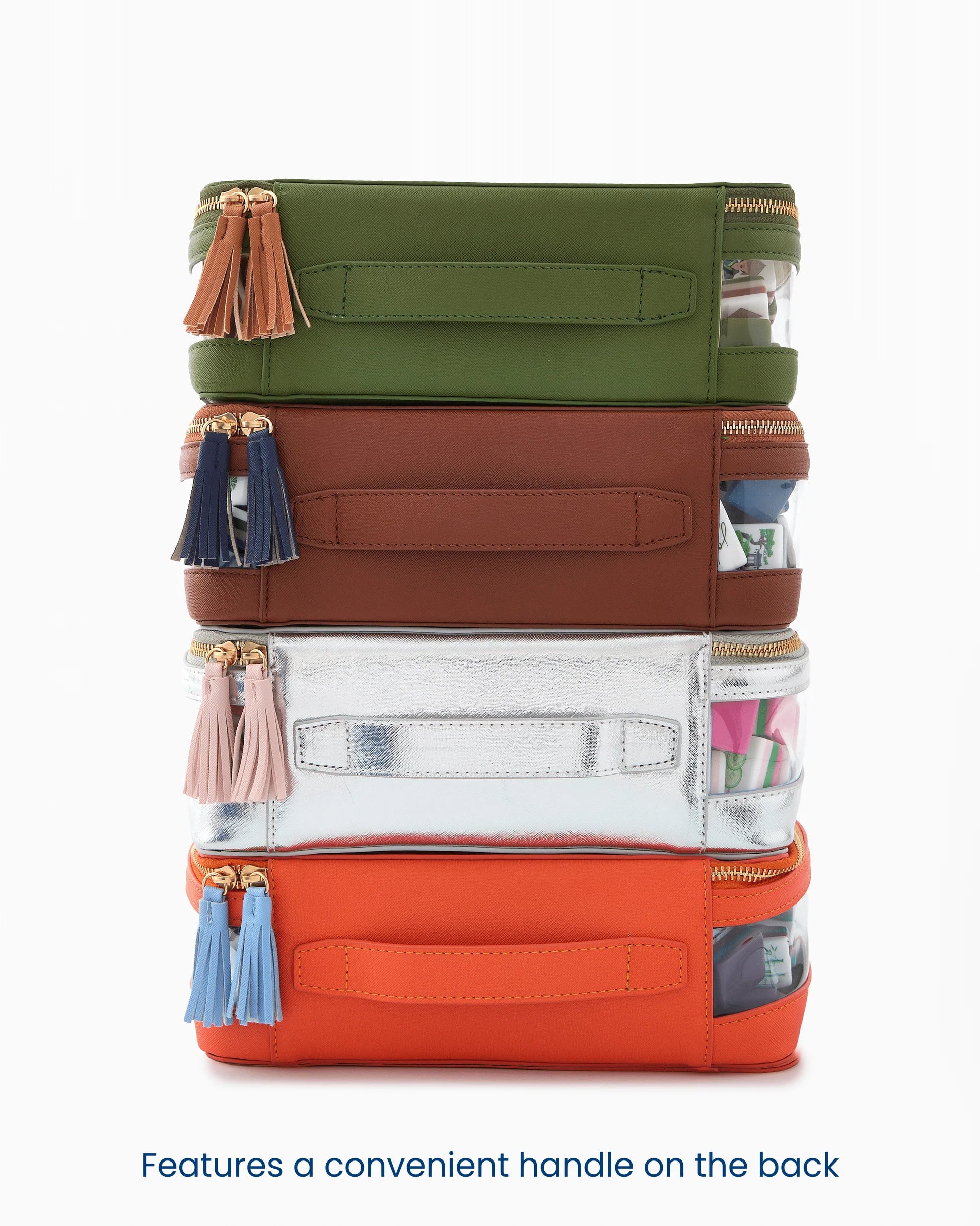 Oh My Mahjong stacking tile storage bags  with tasseled zipper.