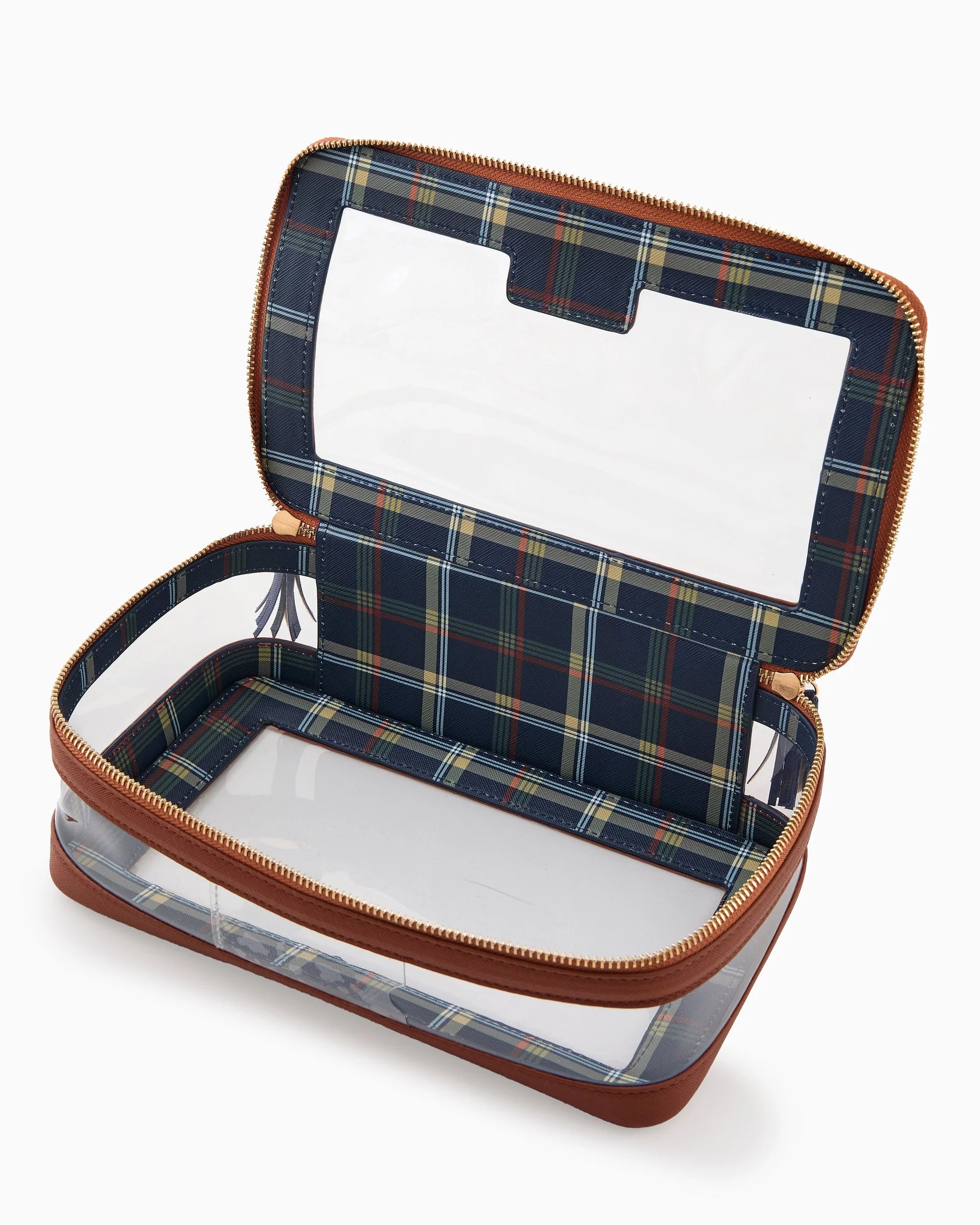 Oh My Mahjong stacking tile storage bag in cognac brown with plaid interior that coordinates with Astor Mat, with blue tasseled zipper, open