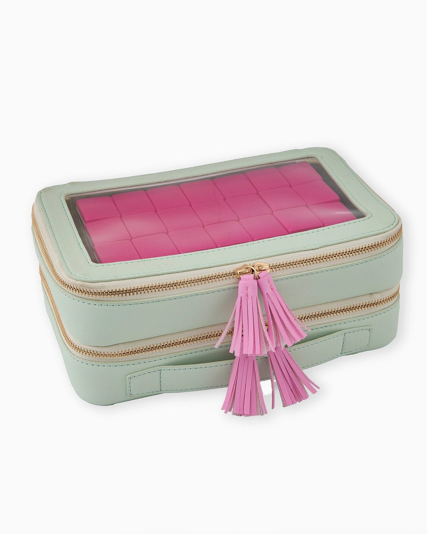 Oh My Mahjong Orange Rummi tile set oin mint storage bag with tasseled zipper