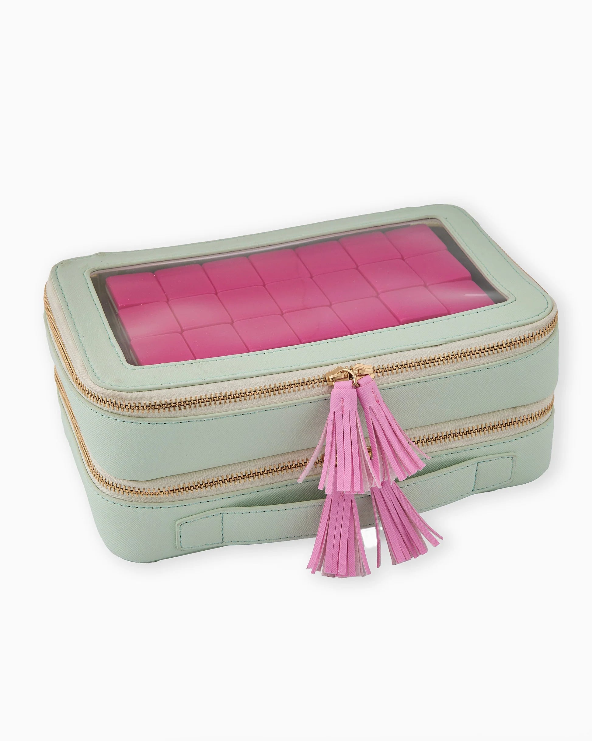 Oh My Mahjong Orange Rummi tile set oin mint storage bag with tasseled zipper