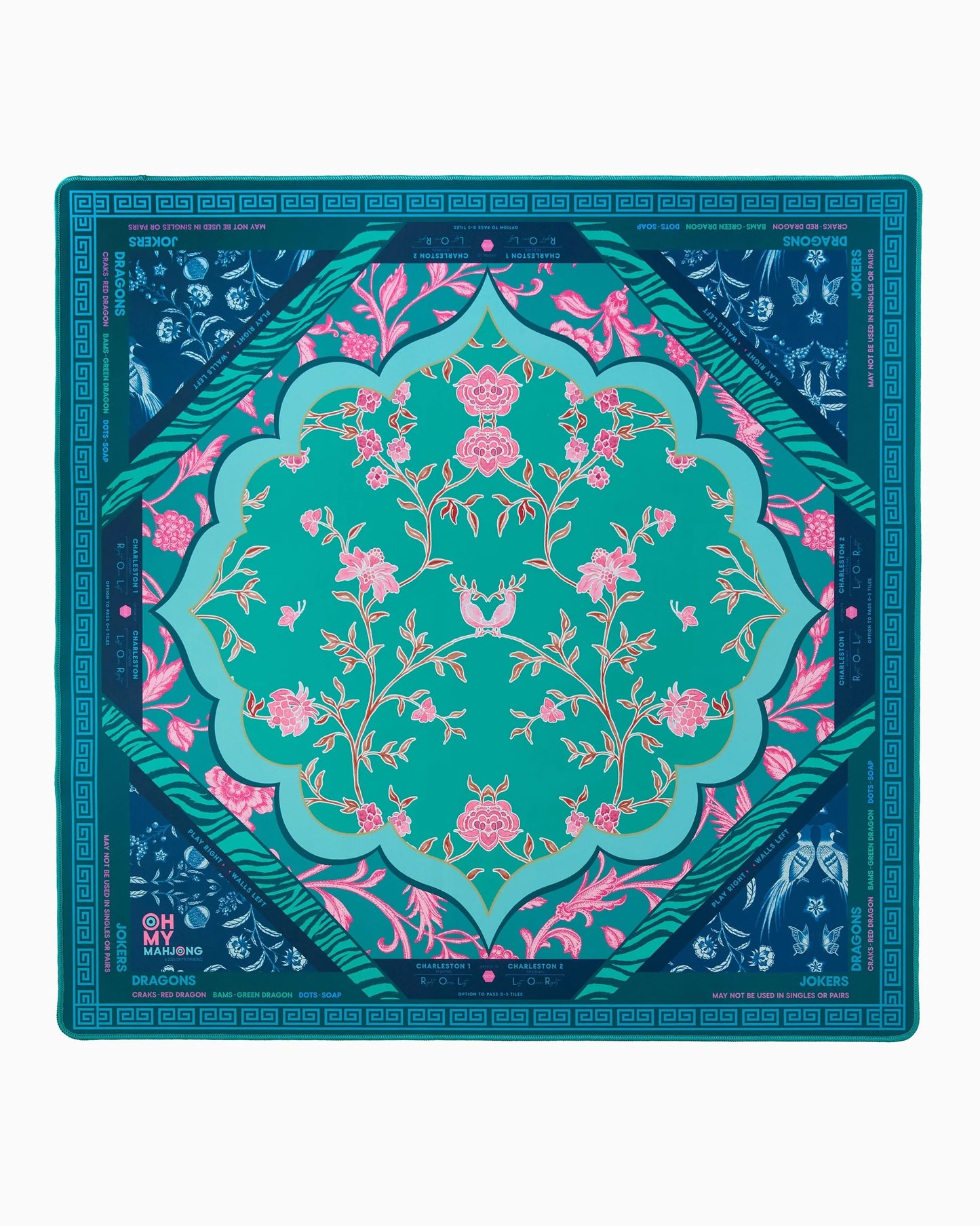 Oh My Mahjong Esme  instructional mahjong mat in emerald green, teal, navy blue floral and animal print pattern