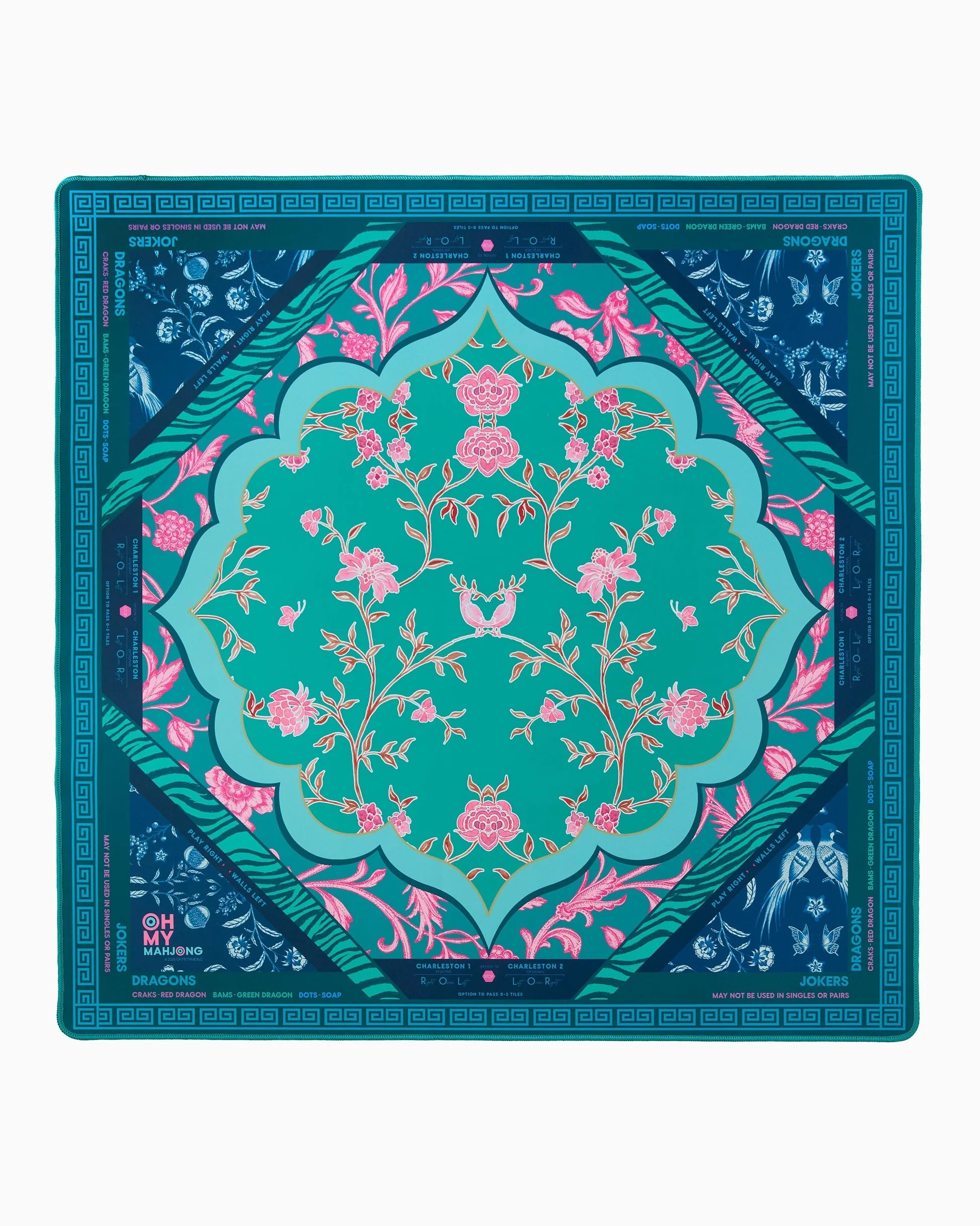 Oh My Mahjong Esme  instructional mahjong mat in emerald green, teal, navy blue floral and animal print pattern
