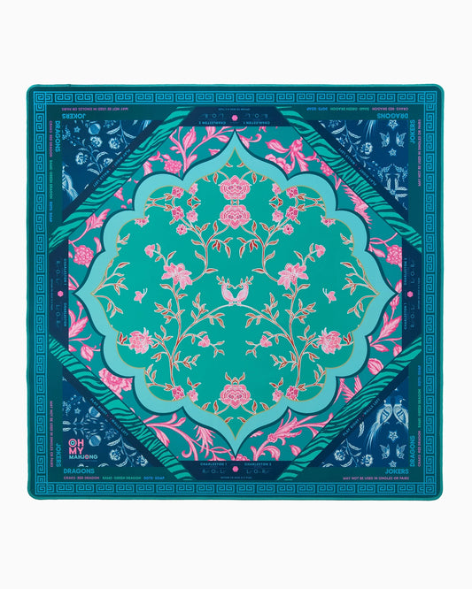 Oh My Mahjong Esme  instructional mahjong mat in emerald green, teal, navy blue floral and animal print pattern