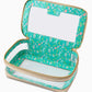 Oh My Mahjong stacking tile storage bag in champagne gold with teal tiger floral pattern interior with tasseled zipper, open