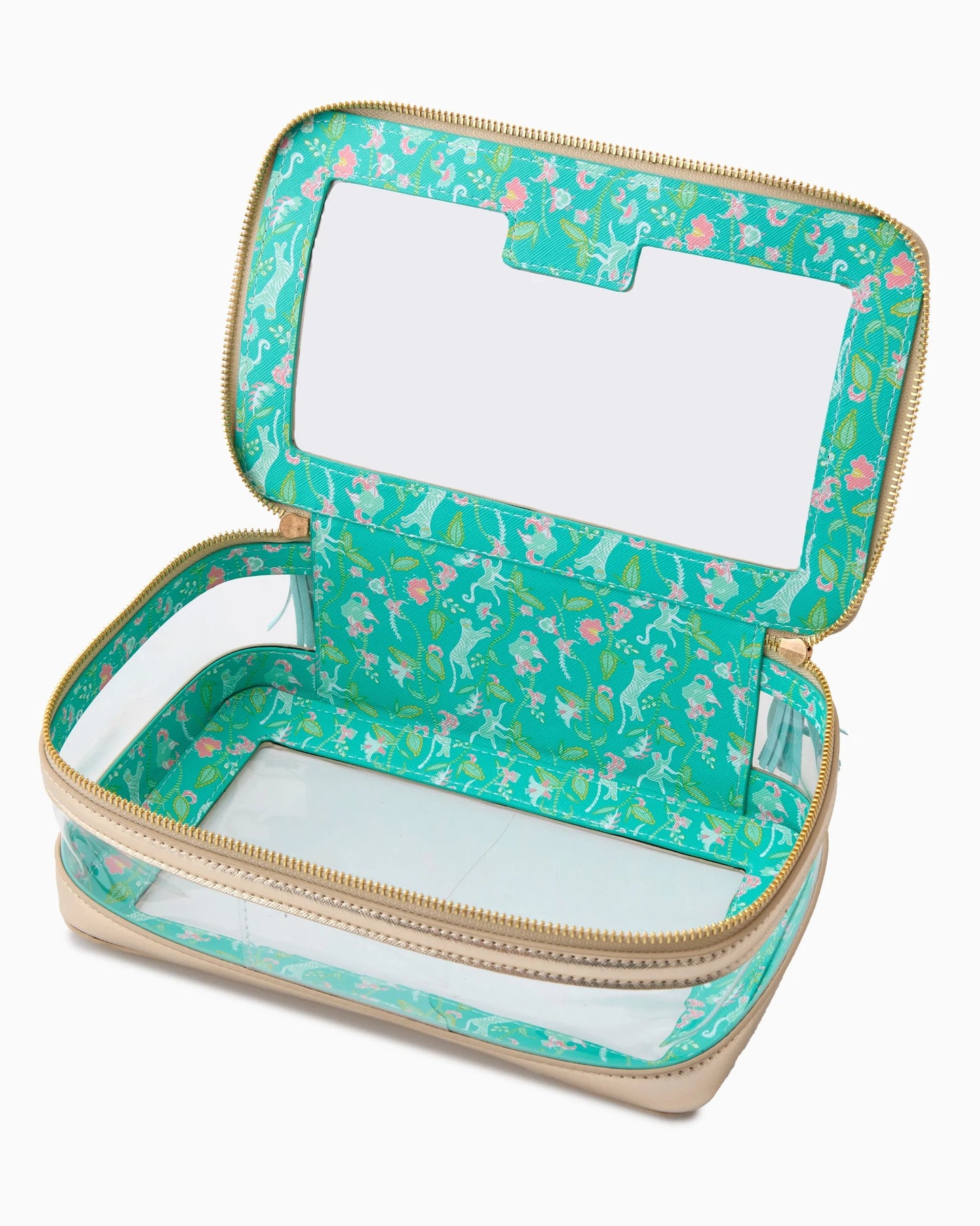 Oh My Mahjong stacking tile storage bag in champagne gold with teal tiger floral pattern interior with tasseled zipper, open