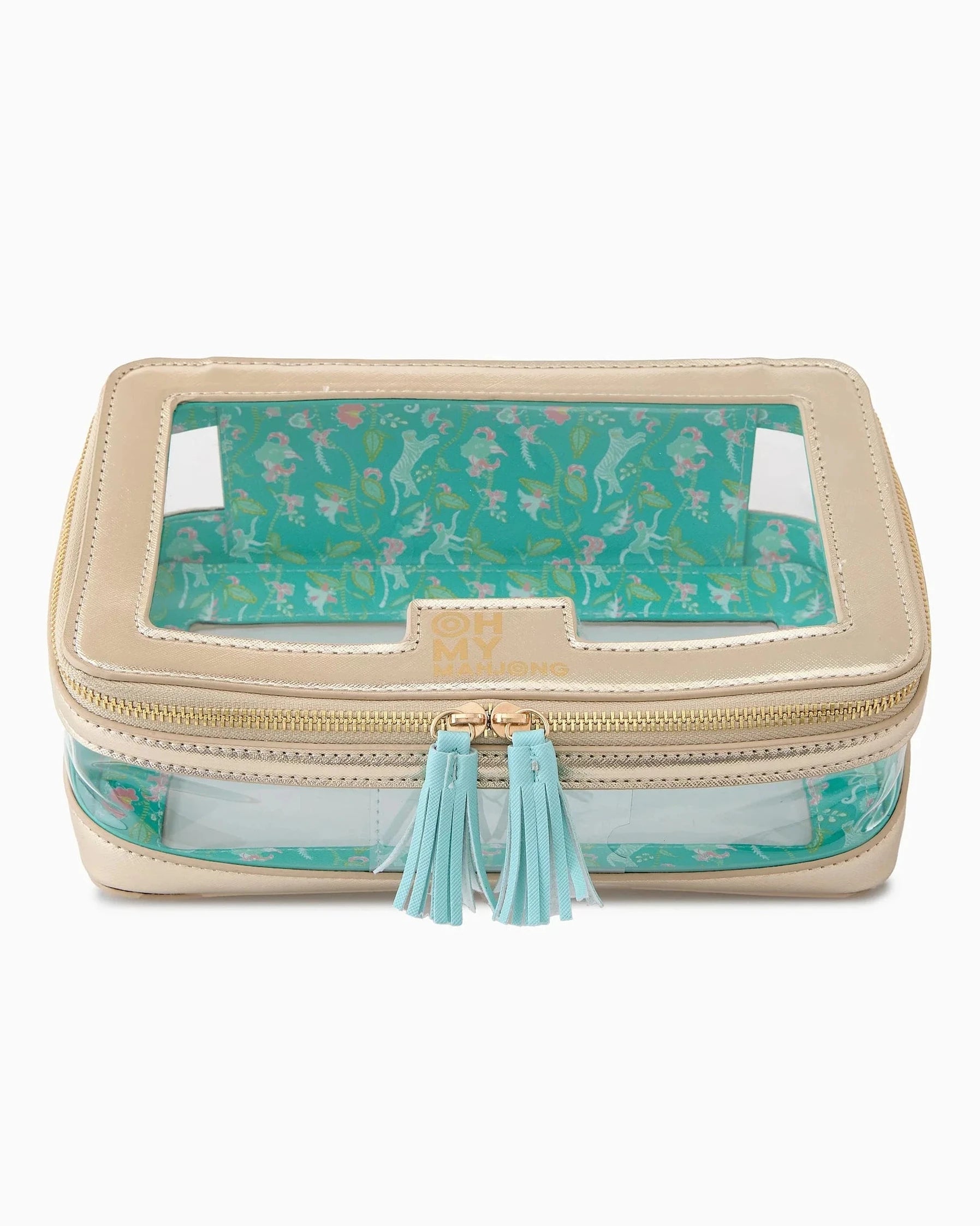 Oh My Mahjong stacking tile storage bag in champagne gold with tiger floral pattern interior with tasseled zipper