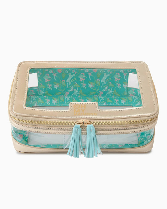 Oh My Mahjong stacking tile storage bag in champagne gold with tiger floral pattern interior with tasseled zipper