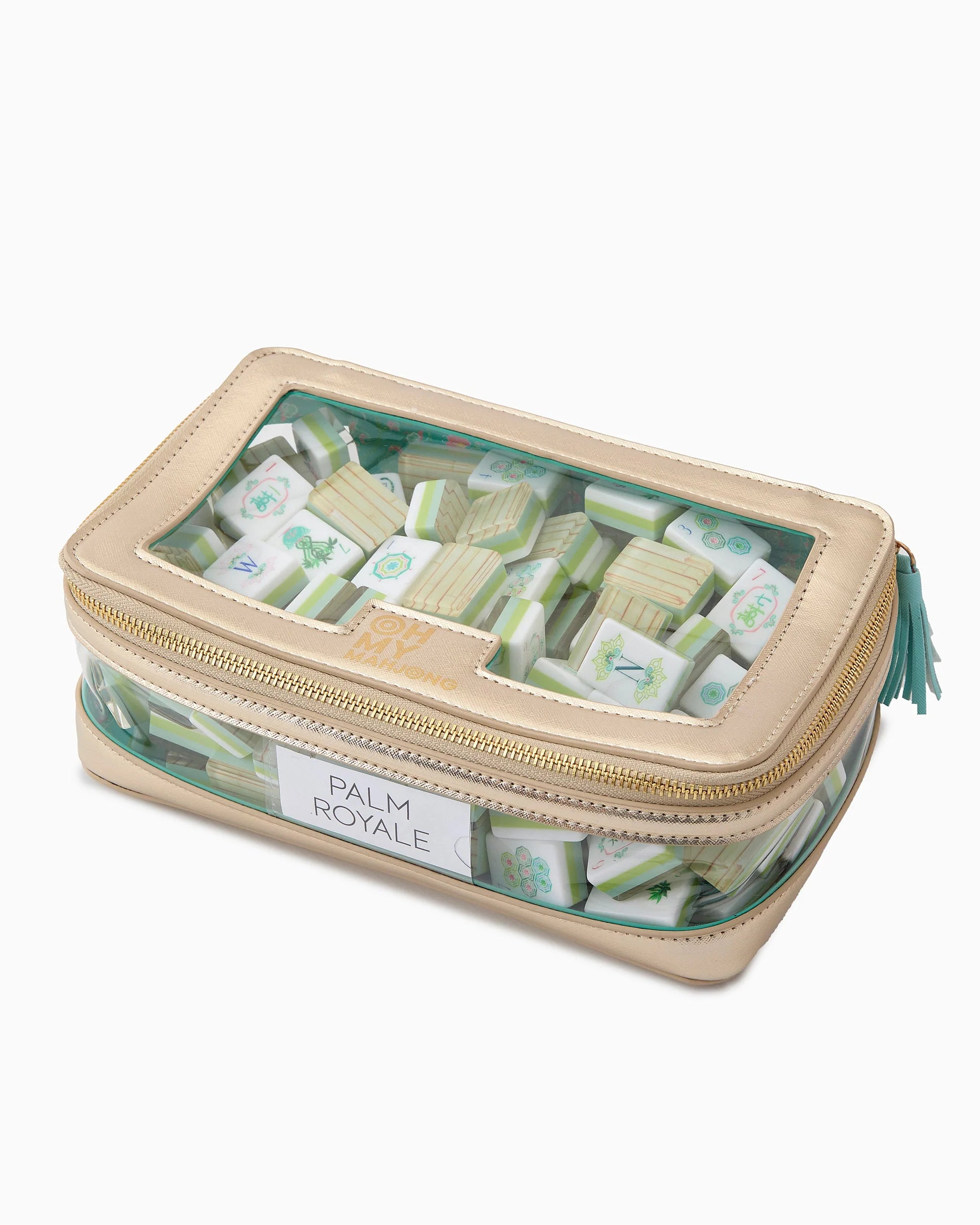Oh My Mahjong stacking tile storage bag in champagne gold with teal tiger floral pattern interior with tasseled zipper, with 
palm royal mahjong tiles