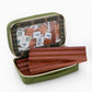 Oh My Mahjong Heritage Rummi tile set in olive storage bag with plaid interior pattern with wooden racks