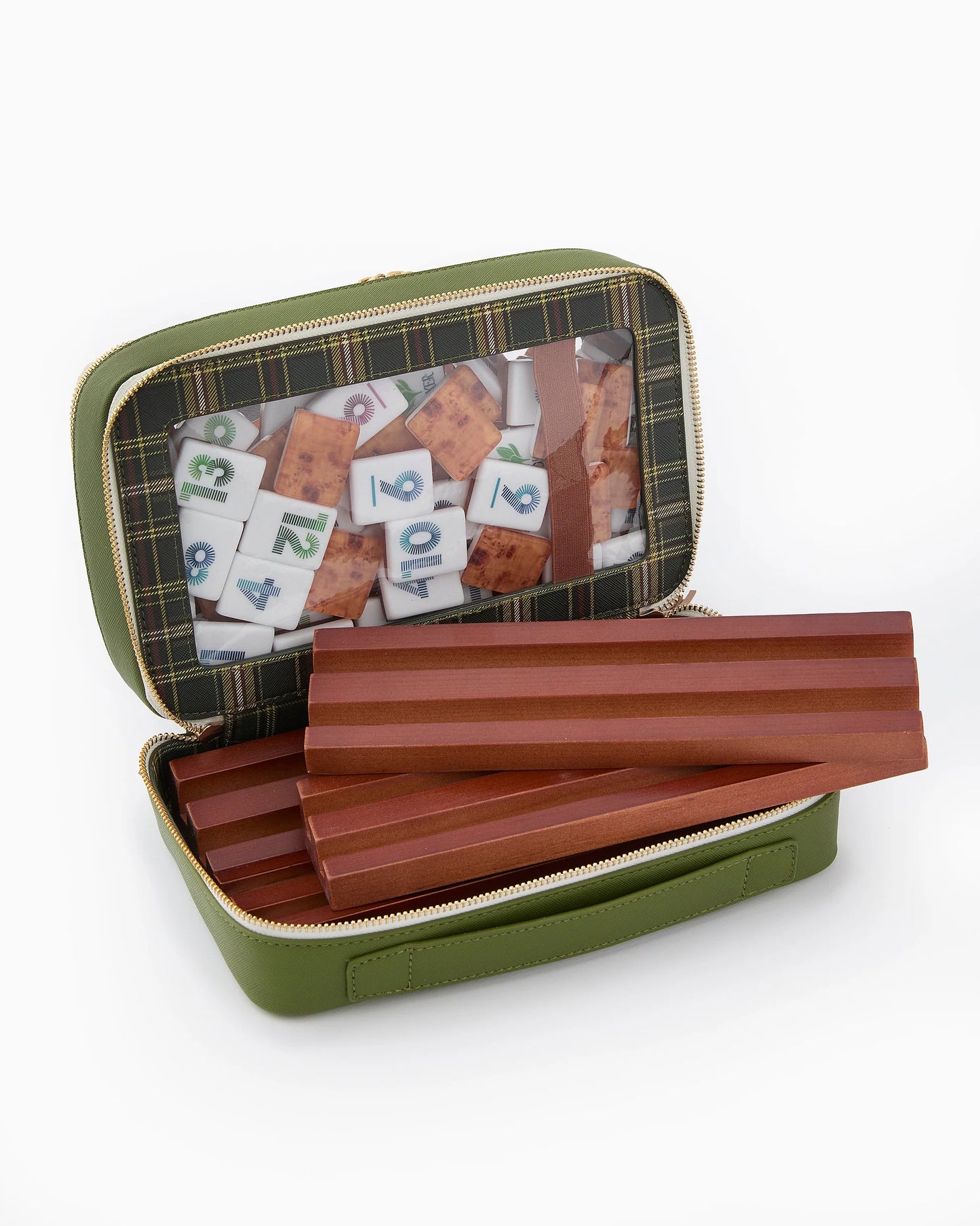Oh My Mahjong Heritage Rummi tile set in olive storage bag with plaid interior pattern with wooden racks