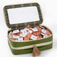 Oh My Mahjong Heritage Rummi tile set in olive storage bag with plaid interior and tasseled zipper