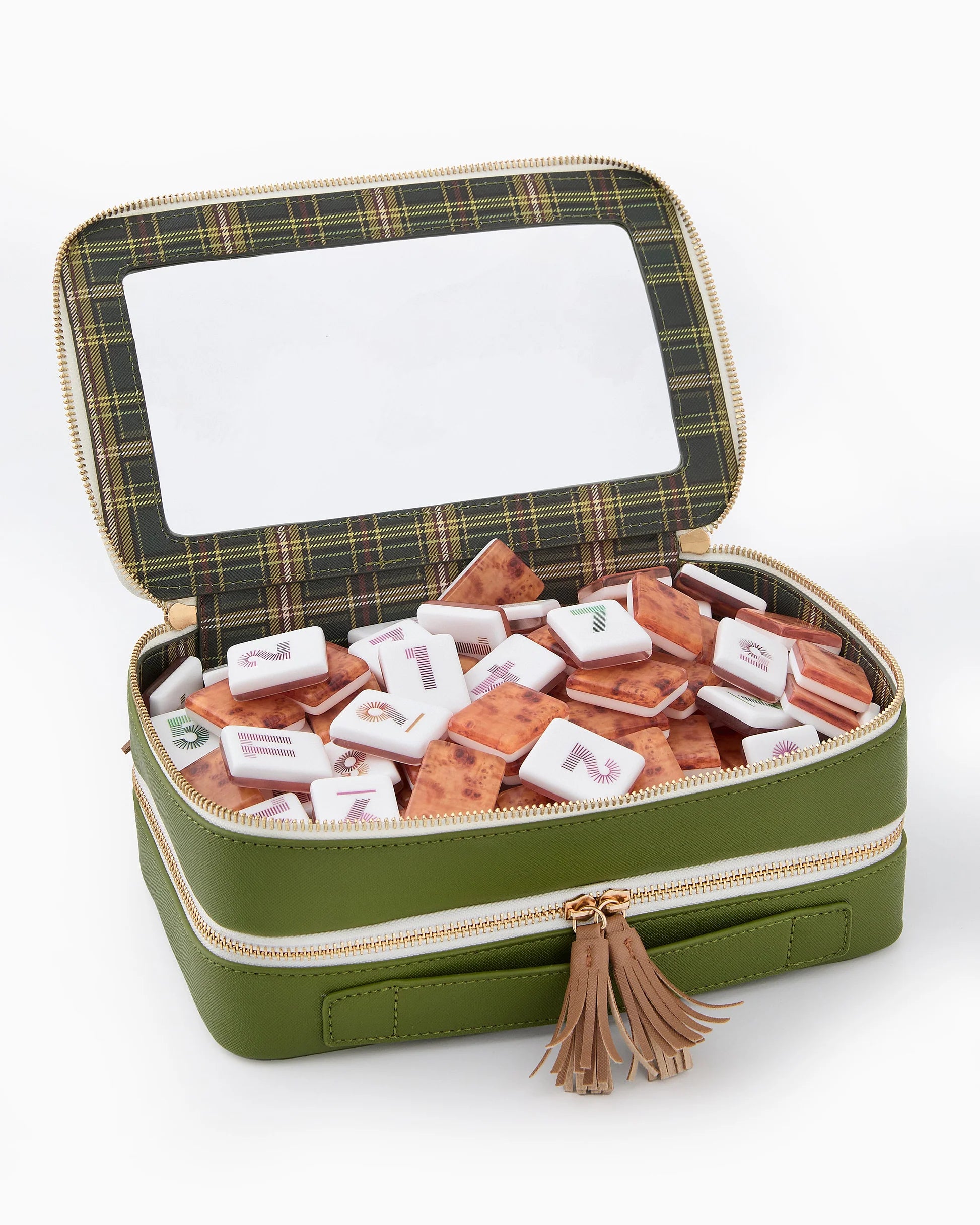 Oh My Mahjong Heritage Rummi tile set in olive storage bag with plaid interior and tasseled zipper