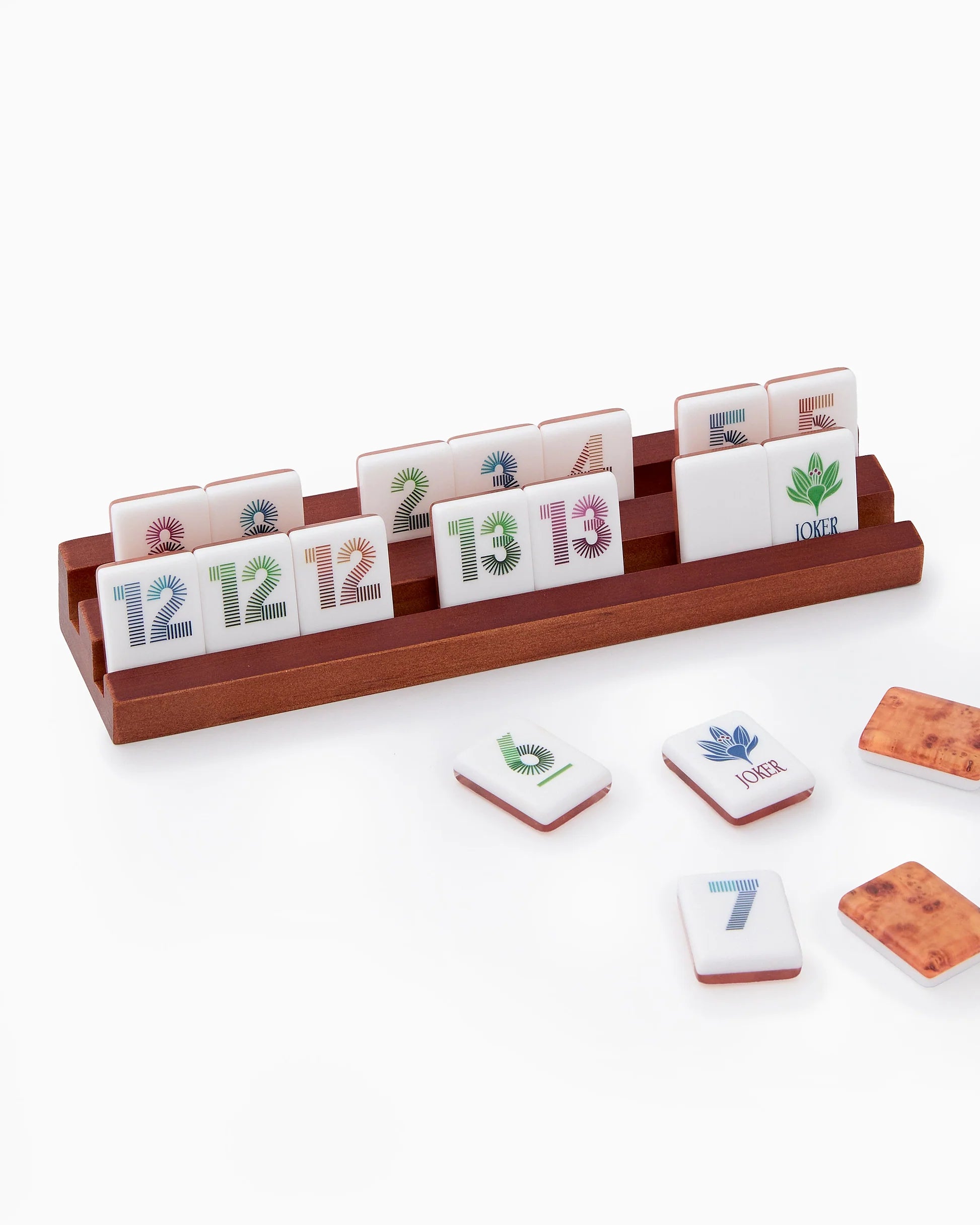 Oh My Mahjong Heritage Rummi tile set on stained wooden racks