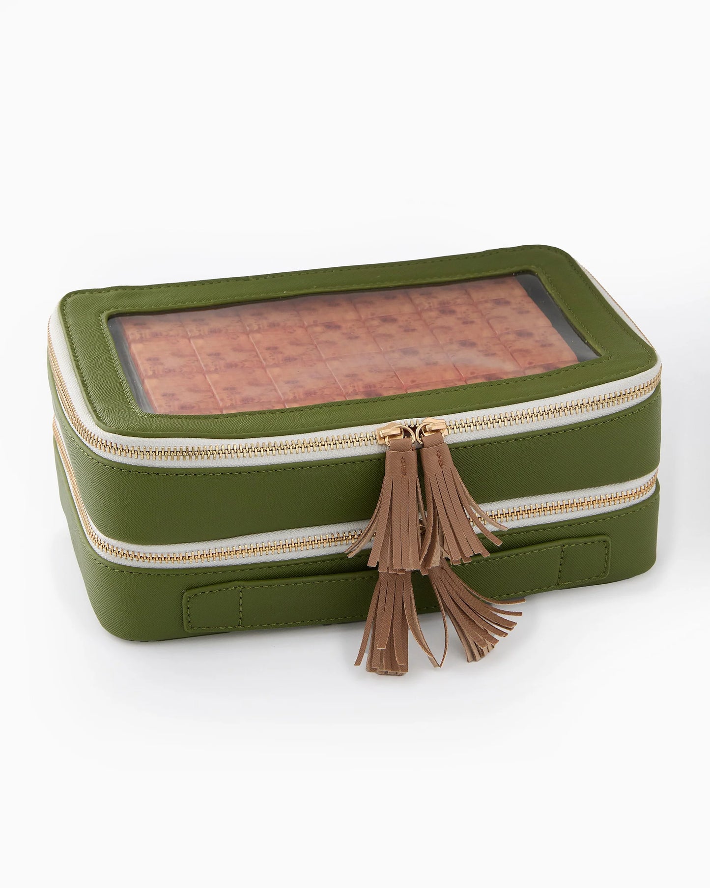 Oh My Mahjong Heritage Rummi tile set in olive storage back with tasseled zipper