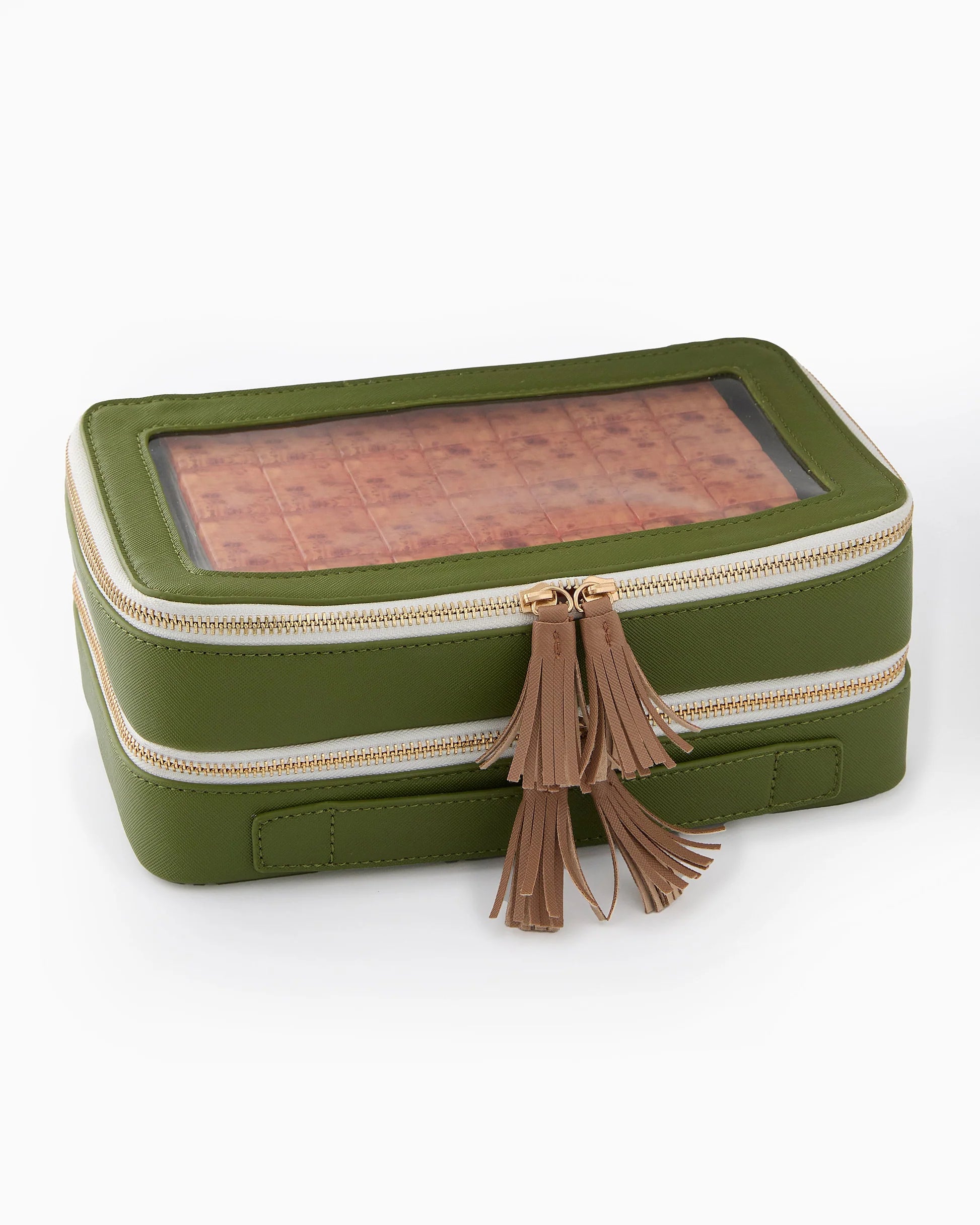 Oh My Mahjong Heritage Rummi tile set in olive storage back with tasseled zipper