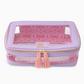 Oh My Mahjong stacking tile storage bag in lavender with cheetah pattern interior with tasseled zipper.