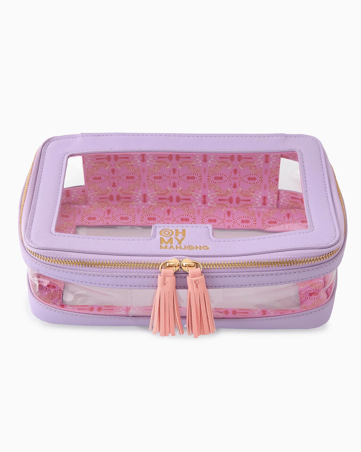 Oh My Mahjong stacking tile storage bag in lavender with cheetah pattern interior with tasseled zipper.