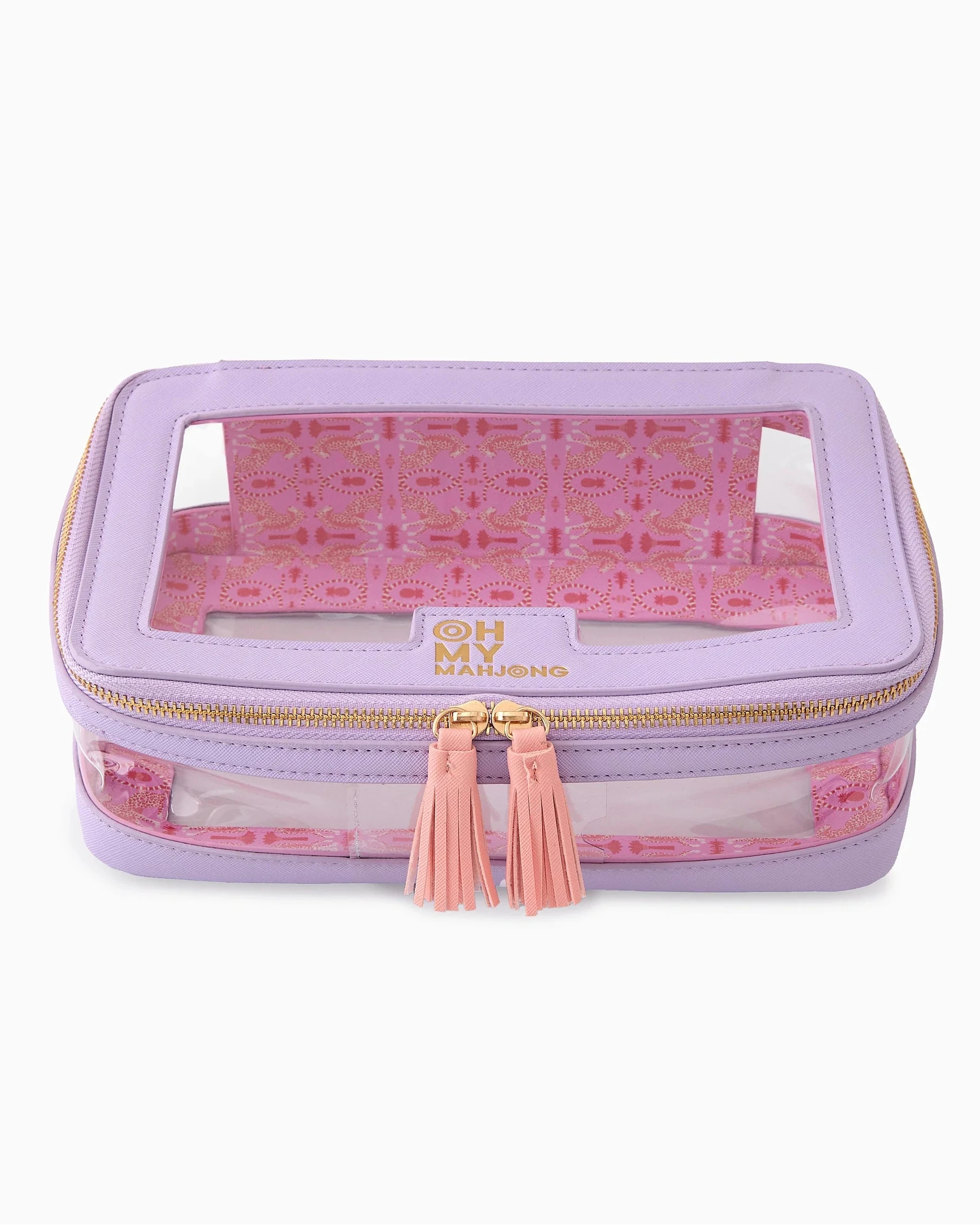 Oh My Mahjong stacking tile storage bag in lavender with cheetah pattern interior with tasseled zipper.