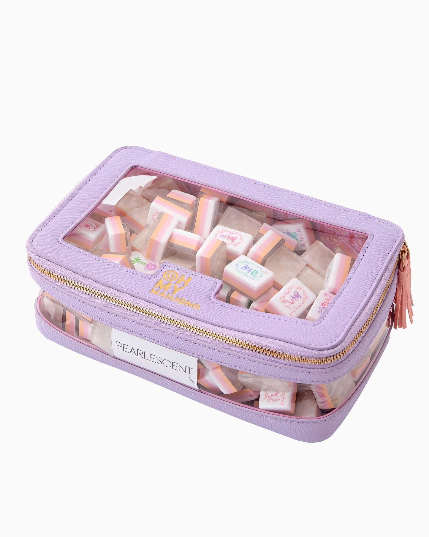 Oh My Mahjong stacking tile storage bag in lavender with cheetah pattern interior with tasseled zipper, closed with pearlescent tiles