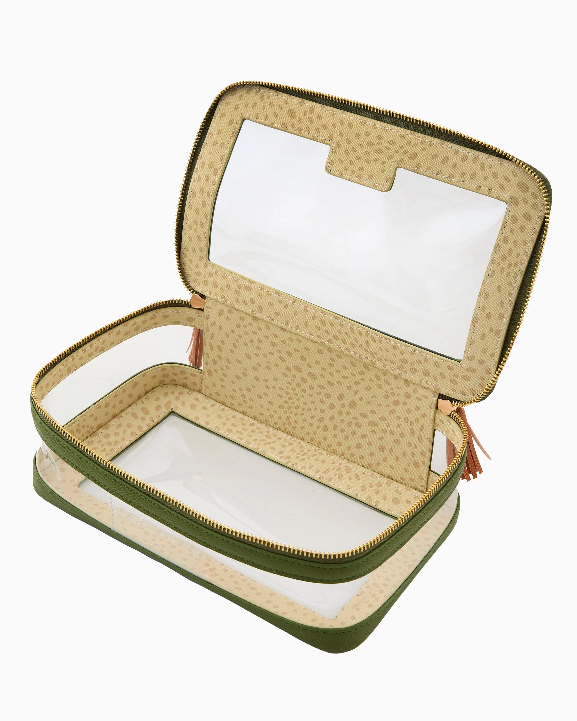 Oh My Mahjong stacking tile storage bag in olive with antelope interior with tasseled zipper, open
