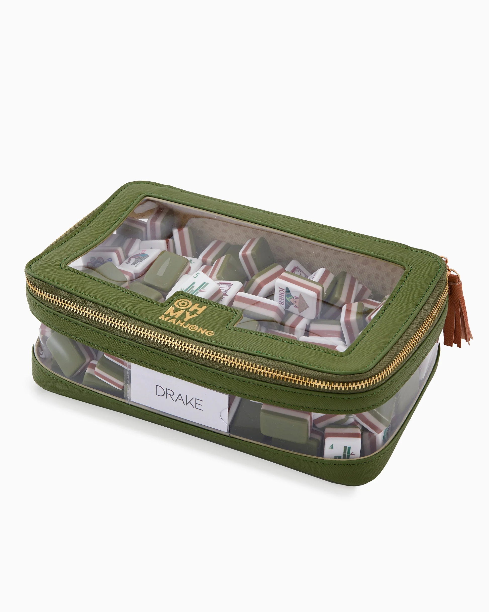 Oh My Mahjong stacking tile storage bag in olive with antelope interior with tasseled zipper with Drake tiles inside