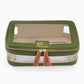 Oh My Mahjong stacking tile storage bag in olive with antelope interior with tasseled zipper.