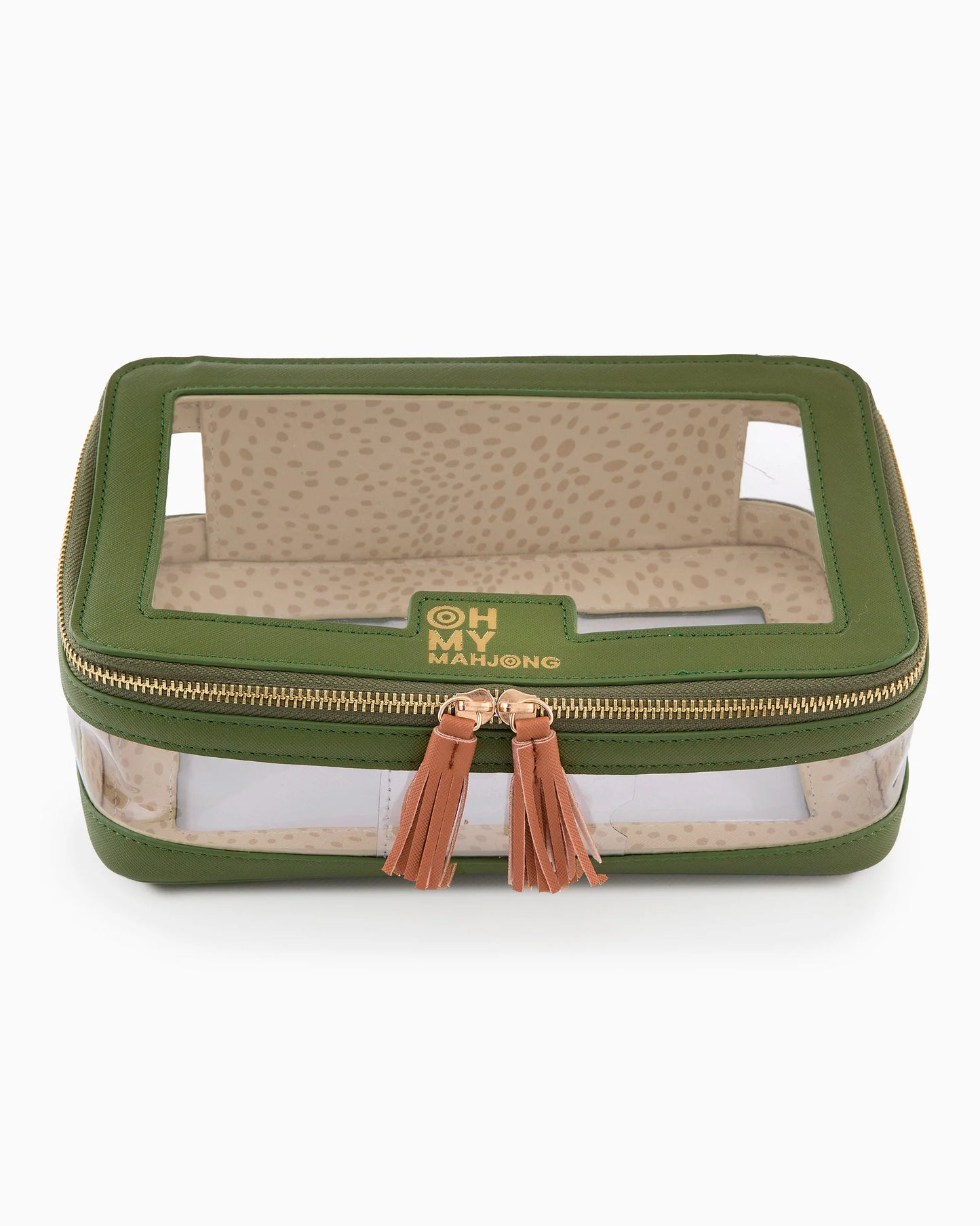 Oh My Mahjong stacking tile storage bag in olive with antelope interior with tasseled zipper.