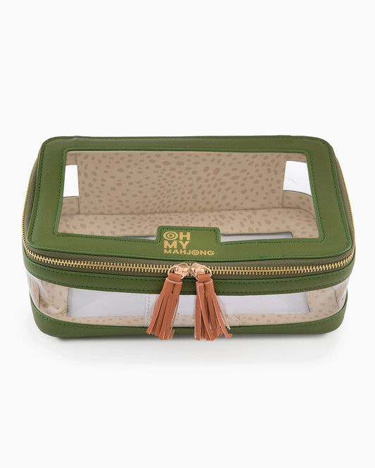 Oh My Mahjong stacking tile storage bag in olive with antelope interior with tasseled zipper.