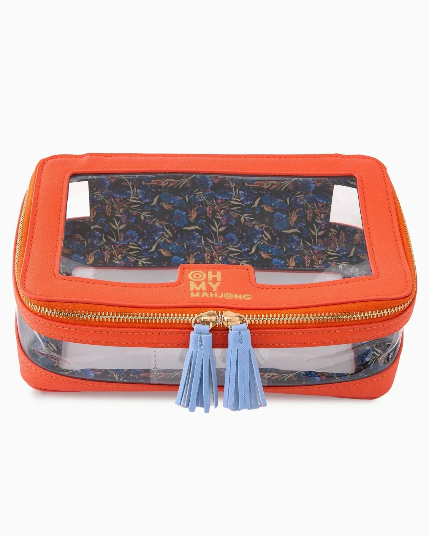 Oh My Mahjong stacking tile storage bag in orange with floral pattern interior with tasseled zipper