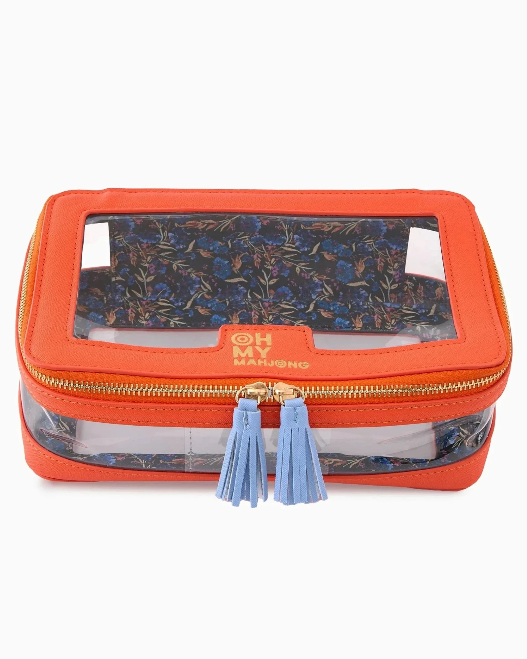 Oh My Mahjong stacking tile storage bag in orange with floral pattern interior with tasseled zipper