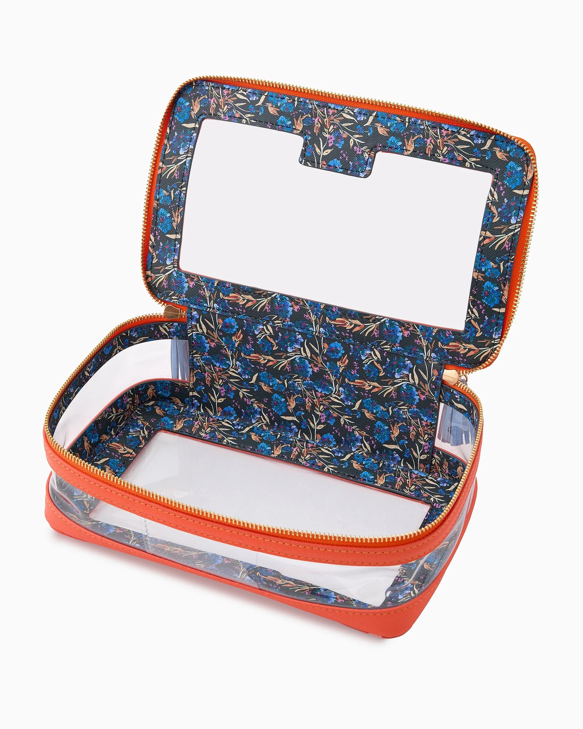 Oh My Mahjong stacking tile storage bag in orange with floral pattern interior with tasseled zipper, open