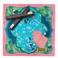 Oh My Mahjong Serengeti instructional mahjong mat with jungle green pattern with zebras and antelope and tiger floral pattern in teal with tortoise rack, coral shuffler and line finder and Gatsby mahjong tiles