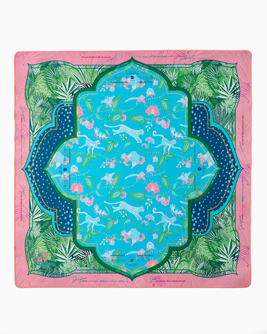 Oh My Mahjong Serengeti instructional mahjong mat with jungle green pattern with zebras and antelope and tiger floral pattern in teal