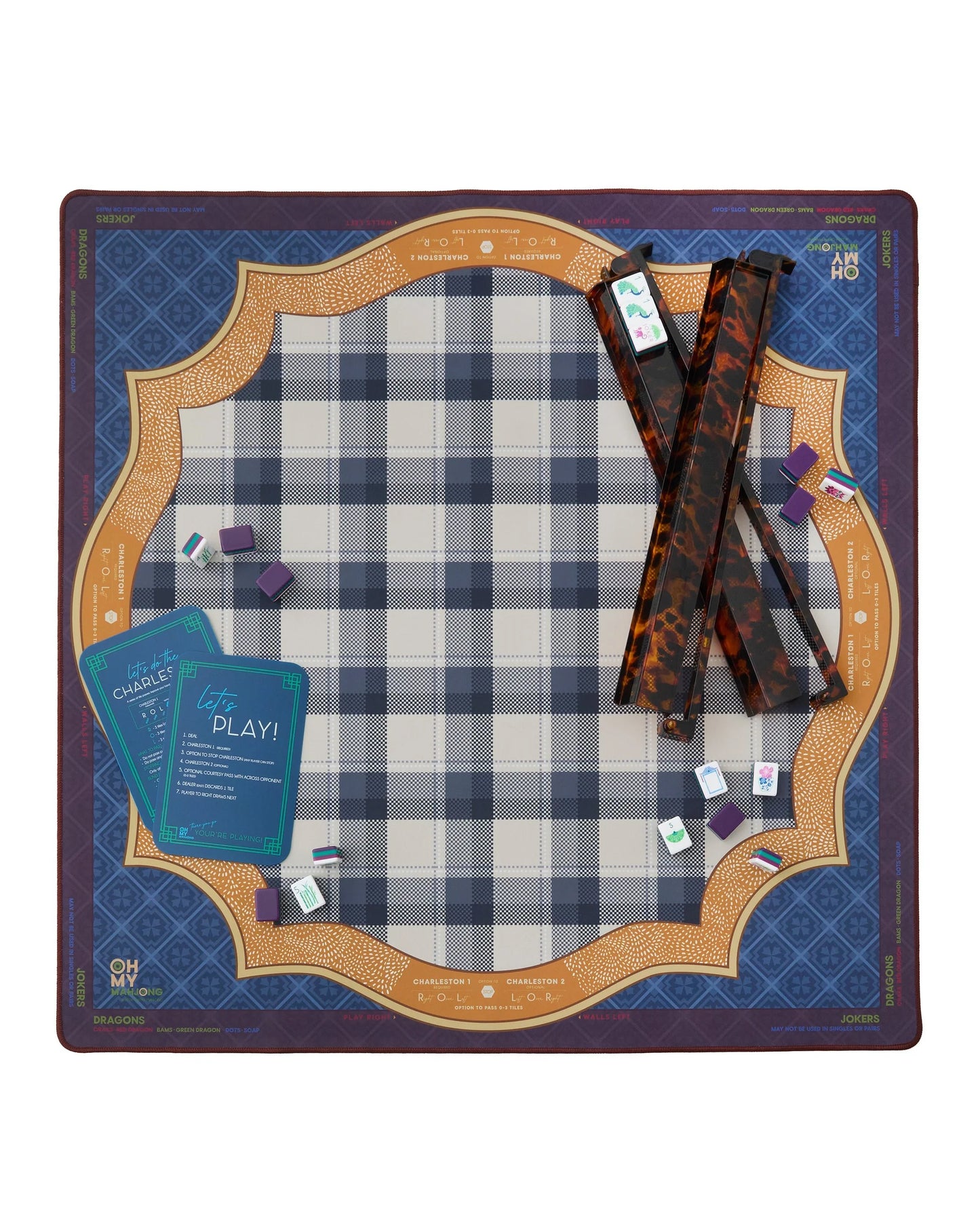 Oh My Mahjong Astor instructional American mat with tortoise rack, shuffler and Gemma mahjong tiles