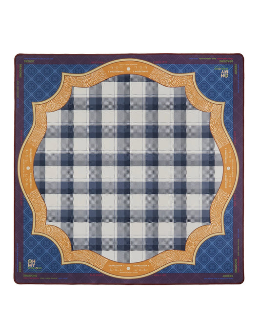 Oh My Mahjong Astor  instructional mahjong mat in blue, burgundy and mustard with plaid pattern